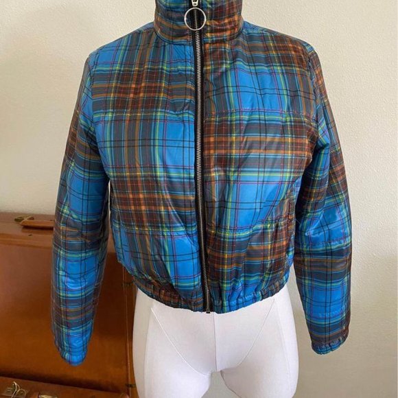 Wild Fable Blue Plaid 70s Style Retro Puffer Jacke - Picture 1 of 8